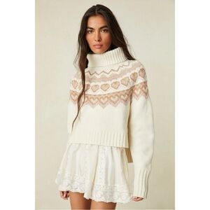 LOVESHACKFANCY Tobi Nordic Fair Isle Cropped Merino Wool Turtleneck Sweater \ XS
